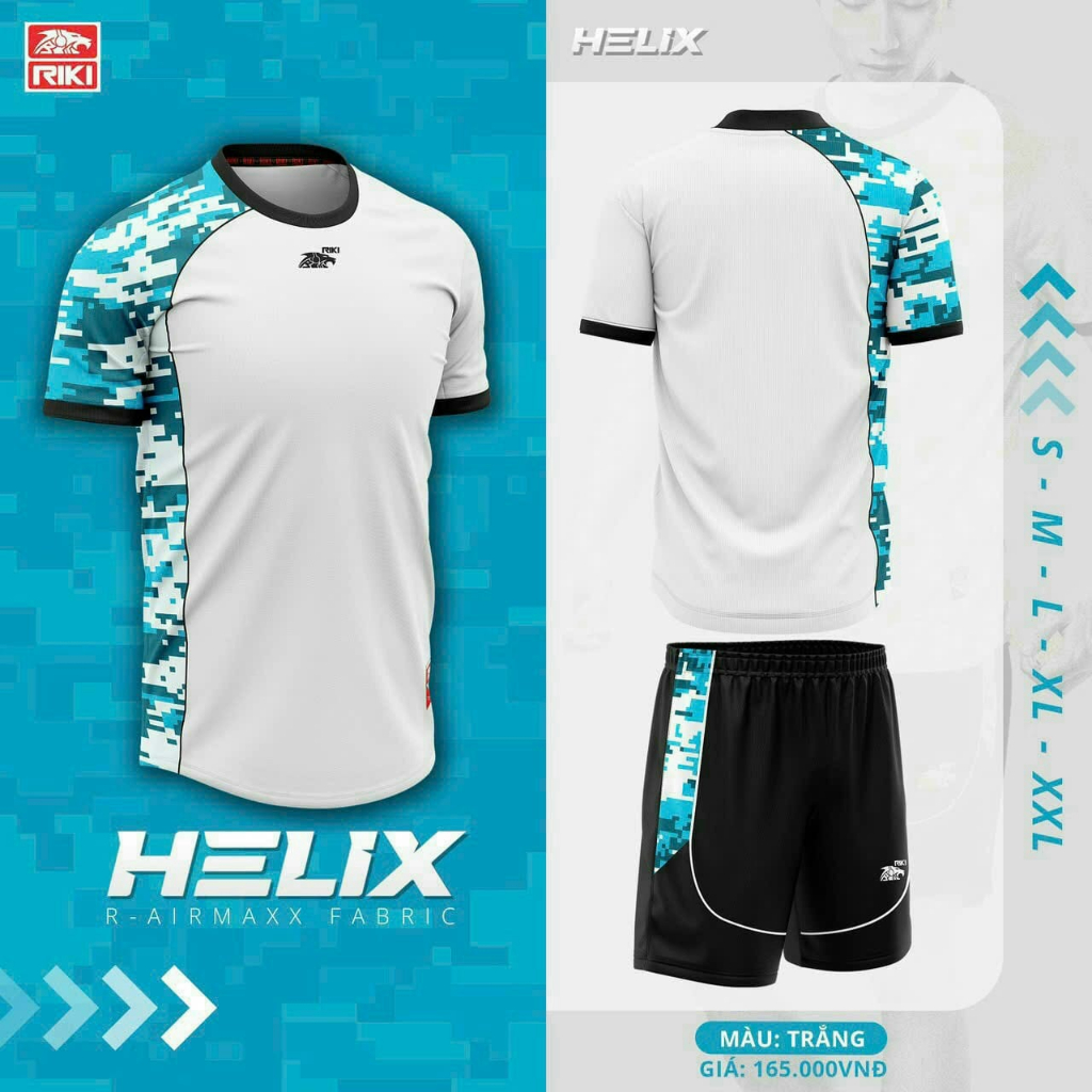 Quần áo bóng đá unisex không logo Riki HELIX trắng, in tên số theo yêu cầu, đồ đá banh thiết kế HUNGSPORT TN