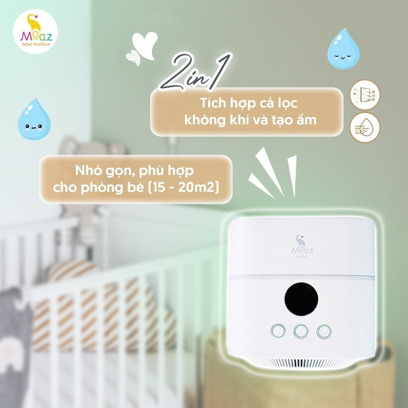 Máy lọc không khí và tạo ẩm moaz bebe moaz bébé mb066 phù hợp phòng 15-20m2 bảo hành chính hãng 12 tháng