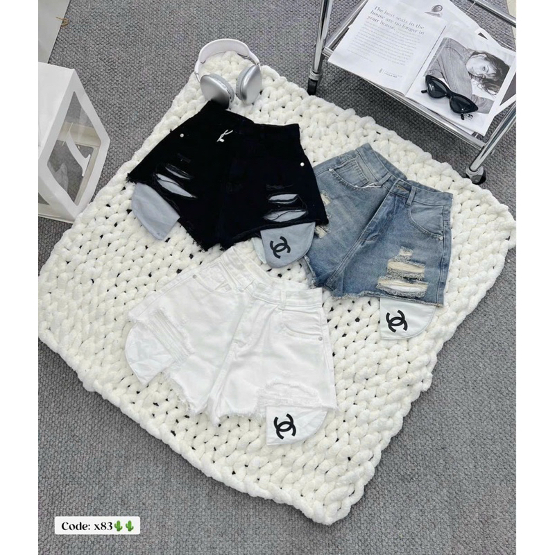 Quần đùi jeans, quần shorts jeans nữ lòi túi rách in chữ mã X83- T0Lu