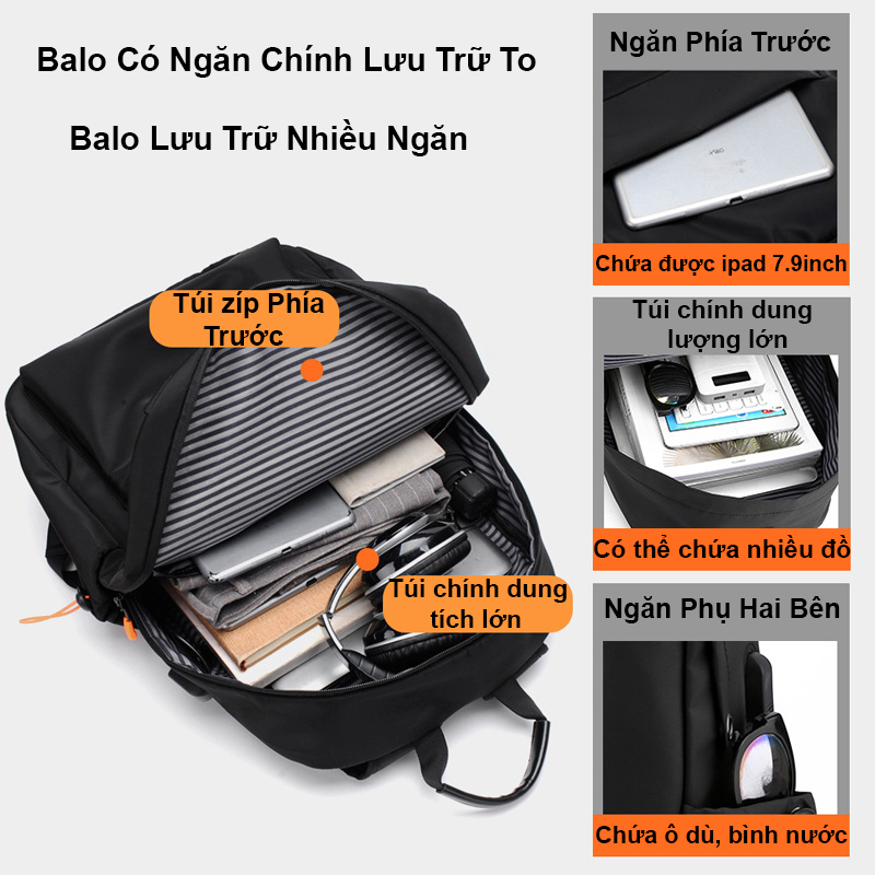 Balo nam chống nước cặp đi học nam nữ thời trang có cổng sạc USB đựng laptop 15.6inch
