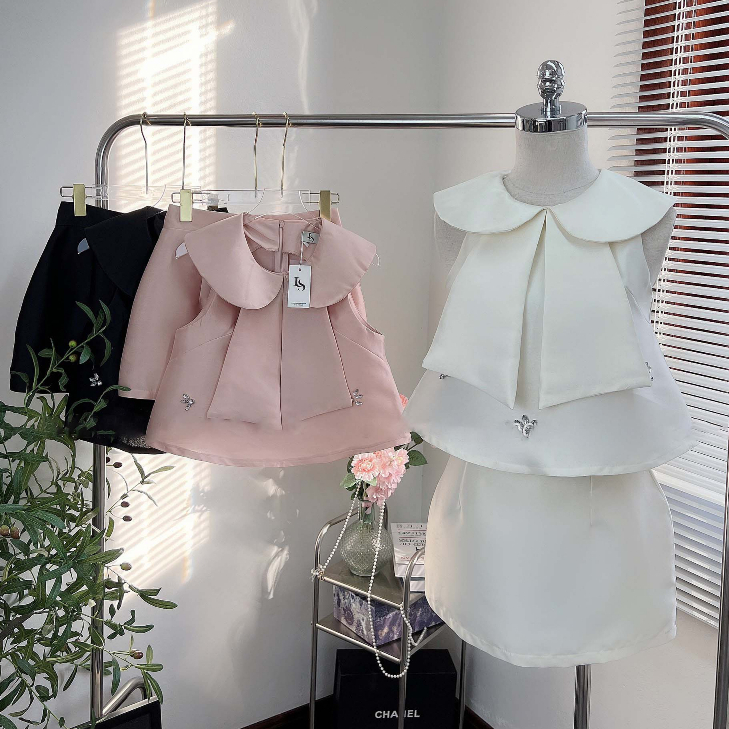 Set tafta áo sát nách cổ sen bèo chân váy basic - LS