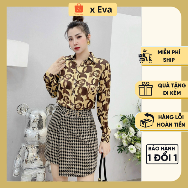 Áo sơ mi nữ voan tơ tằm dài tay họa tiết màu nâu