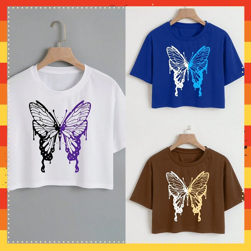 Áo thun croptop nữ tay ngắn in hình bướm cổ tròn 4 màu xinh xắn Mã Áo M153
