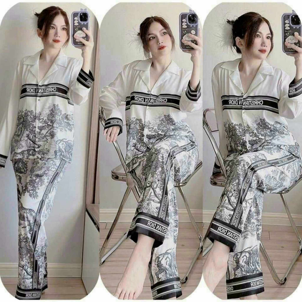 Sét Bộ Nữ ống rộng freesize áo cổ sơ mi trơn tay dài vải lụa xước cao cấp