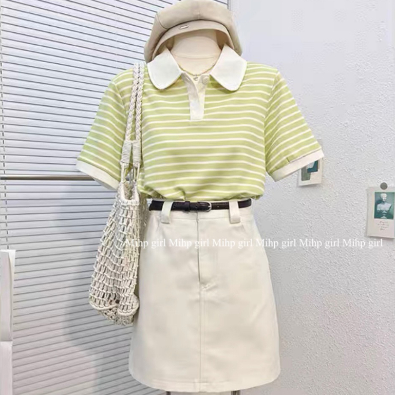 Áo Thun Cotton Cổ Bẻ Ngắn Tay Kẻ Sọc Mùa Hè