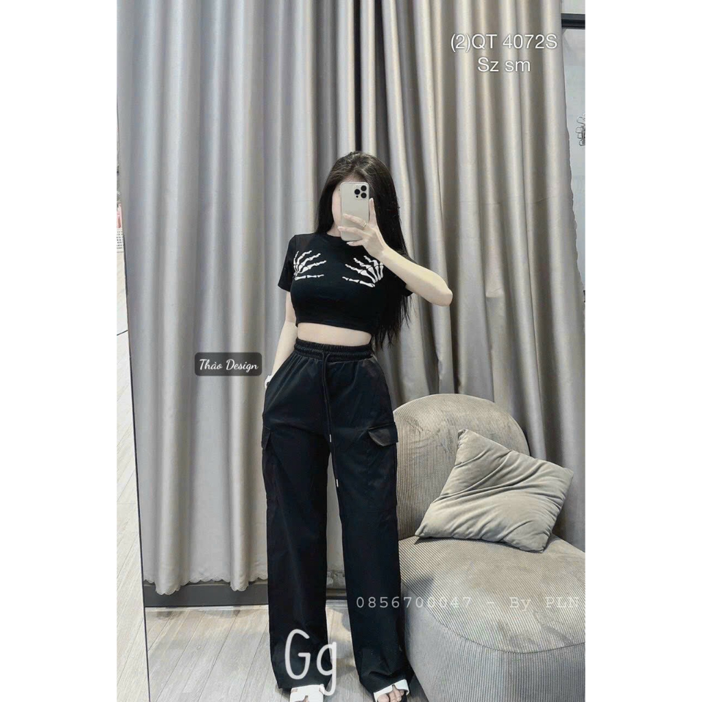 Set Đồ Nữ Xinh Áo Croptop Tăm Gân Kèm Quần Túi Hộp Sành Diệu Cá Tính