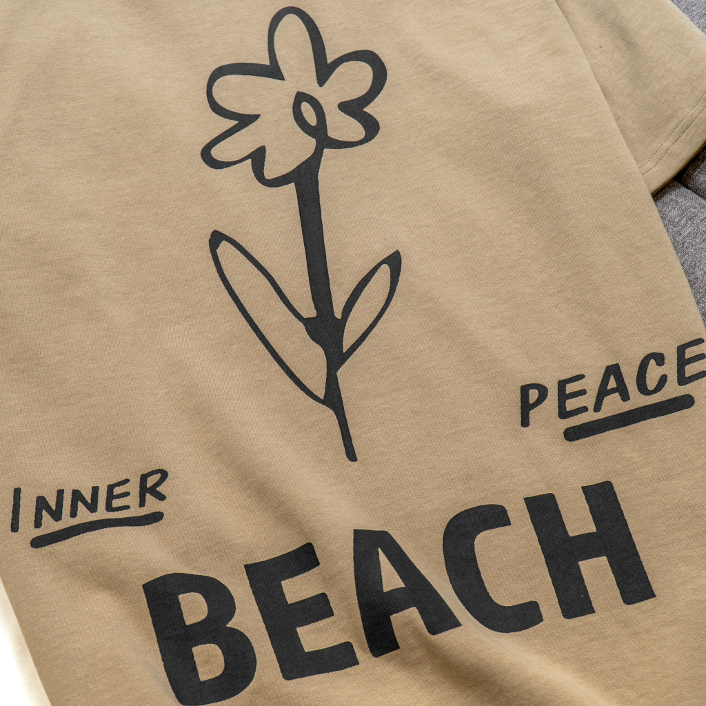 Áo Thun Nam Cao Cấp 2 màu Kem và Nâu In Beach BY COTTON