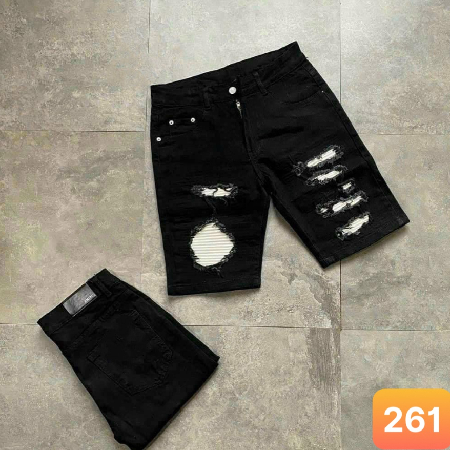 Quần short jean nam rách vá da màu đen chất bò cao cấp co dãn 4 chiều form đùi lửng đẹp Lavado28 mẫu mới