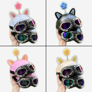  Mũ Bảo Hiểm Nửa Đầu Kính Phi Công Kèm Tai Mèo 2 Màu Và Bông Hoa Gắn Mũ Bảo Hiểm Dễ Thương Nhiều Màu Lựa Chọn 