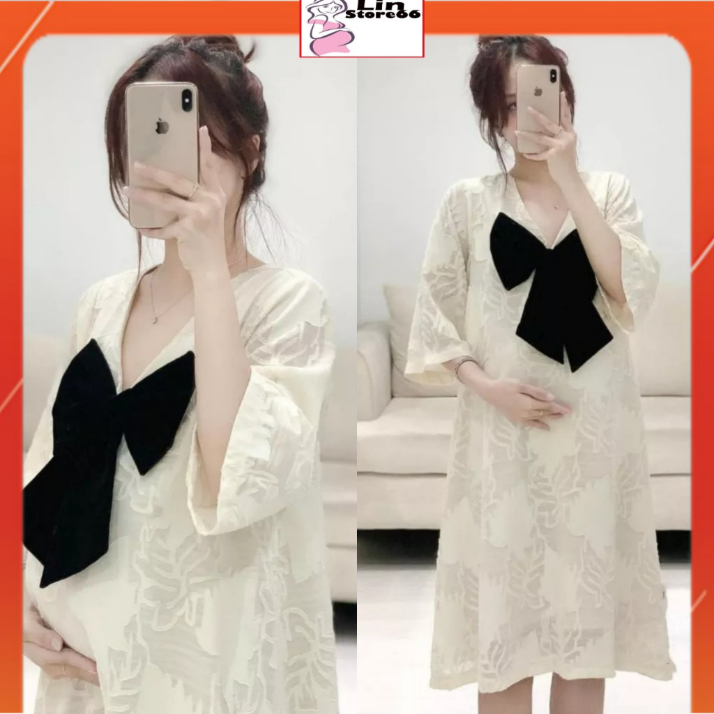 Đầm Bầu Váy Bầu Thiết Kế Công Sở Ren Hoa Nổi,Cổ Tim, Thắt Nơ Xinh Xắn A199 Lin Store66