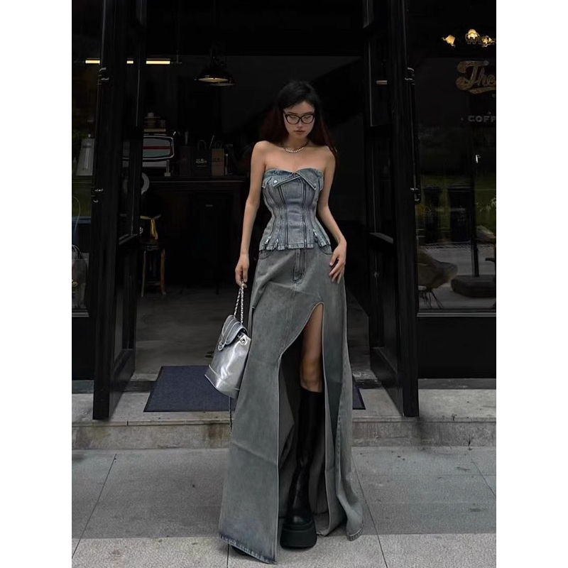 ROSALEE  Áo croptop ôm eo chất jeans cá tính cho nữ lila Top