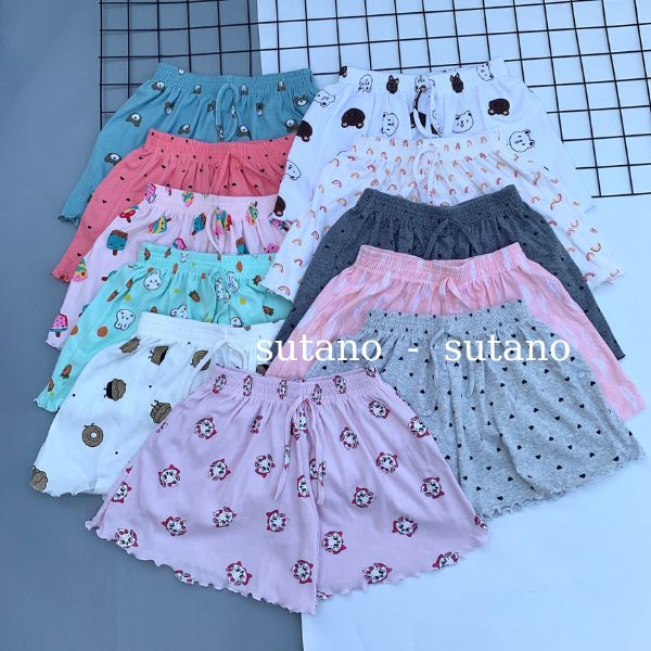 Quần Short thun xòe nhiều hình dễ thương cạp chun, Quần ngủ vải cotton mịn mát co giãn Q300 SUTANO