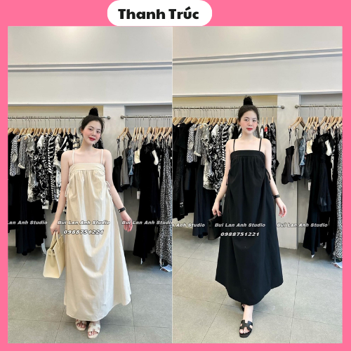 Váy babydoll 2 dây váy 2 dây đi biển dáng dài đầm maxi chất thô đi biển váy quây cúp ngực váy hai dây rút eo hai bên