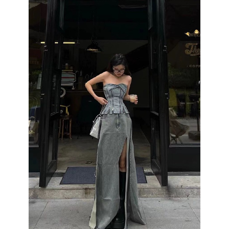 ROSALEE  Áo croptop ôm eo chất jeans cá tính cho nữ lila Top