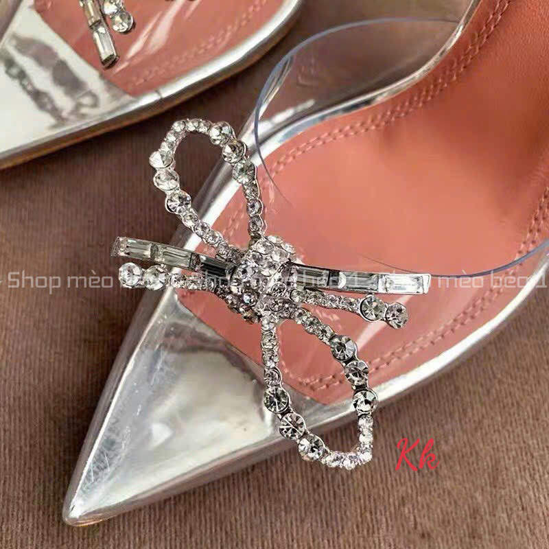 Sandal mica mũi nhọn nơ đá ngang gót loe fullbox hàng quảng châu cao cấp