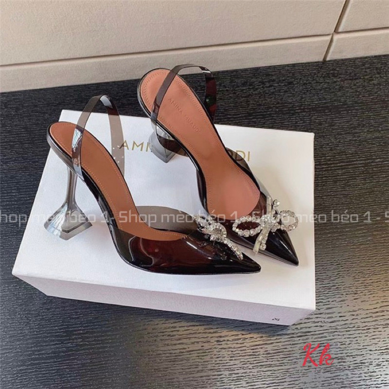 Sandal mica mũi nhọn nơ đá ngang gót loe fullbox hàng quảng châu cao cấp