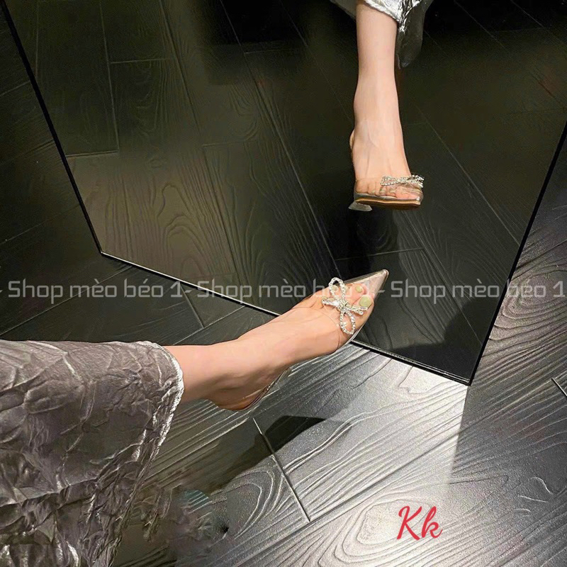 Sandal mica mũi nhọn nơ đá ngang gót loe fullbox hàng quảng châu cao cấp