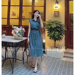 váy đầm jeans sơ mi sát nách kèm đai kh