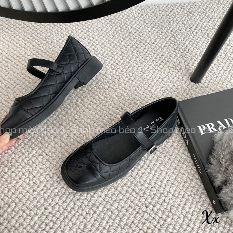 Giày búp bê cn mũi đen trần chỉ quai ngang gót thấp fullbox hàng quảng châu cao cấp