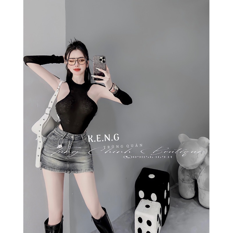 Áo bodysuit khoét nách kèm găng tay rời