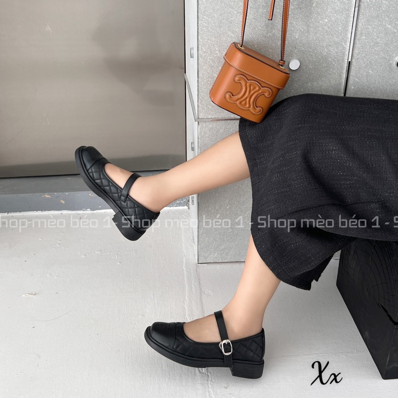 Giày búp bê cn mũi đen trần chỉ quai ngang gót thấp fullbox hàng quảng châu cao cấp