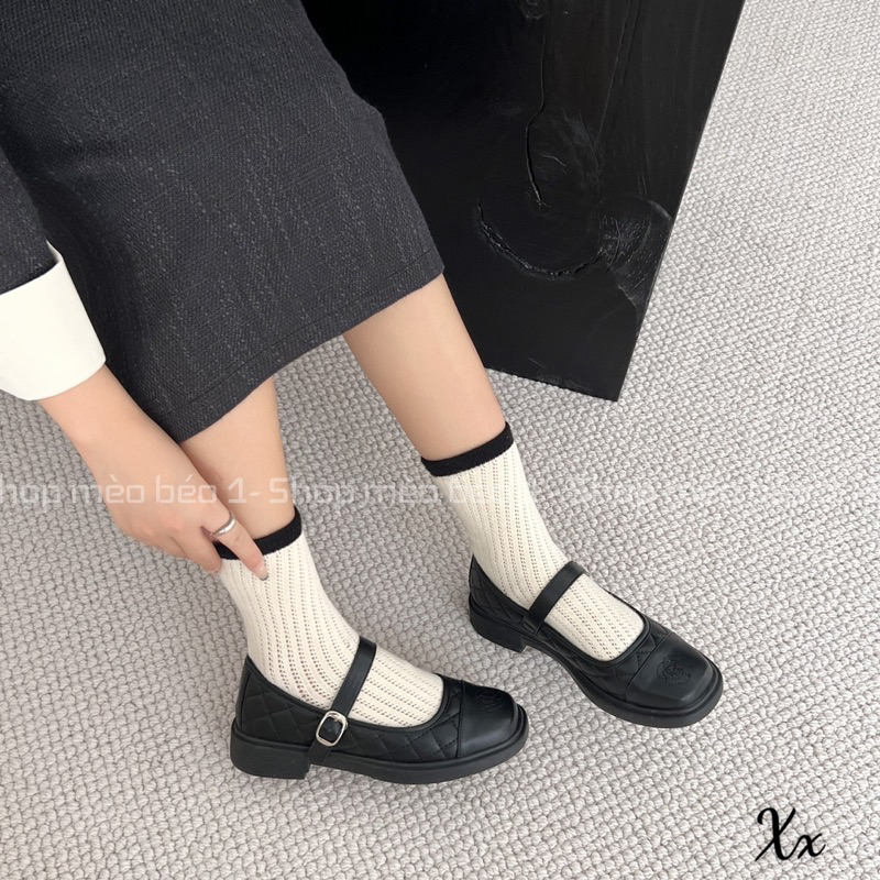 Giày búp bê cn mũi đen trần chỉ quai ngang gót thấp fullbox hàng quảng châu cao cấp
