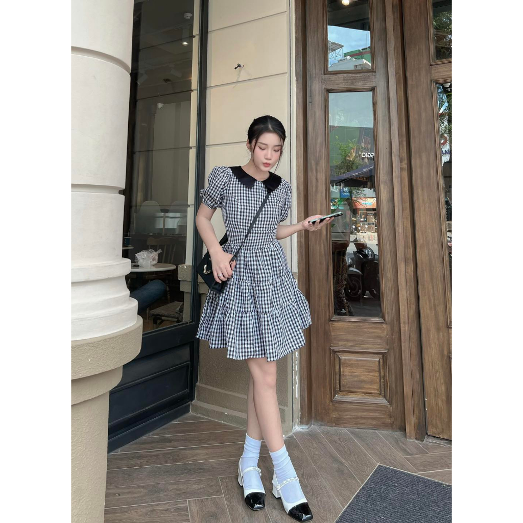 Đầm Xòe Caro Tay Phồng Công Sở / Đi Tiệc Dễ Thương Màu Đen Form Ngắn