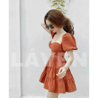 Đầm thời trang nữ mặc đi chơi chất vải đũi cao đầm xoè tay phồng ngắn có mút ngực,