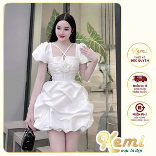 Váy đầm nữ cổ vuông tay kết hoa ngực dây chéo dáng bồng bềnh công chúa với chất vải Tafta cao cấp Kemi