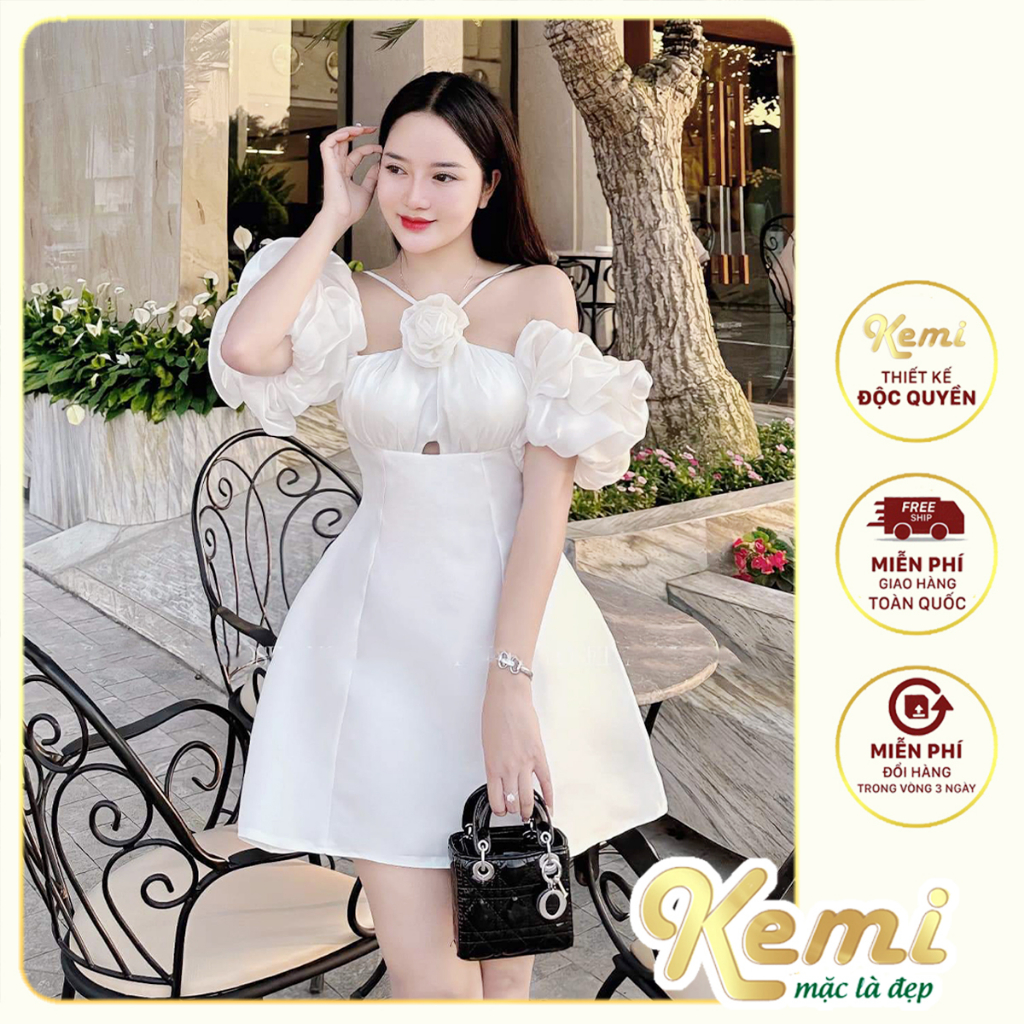 Váy xinh đi tiệc cổ yếm tay bồng rớt vai, đầm xòe dáng A chất Tafta phối tơ óng Kemi