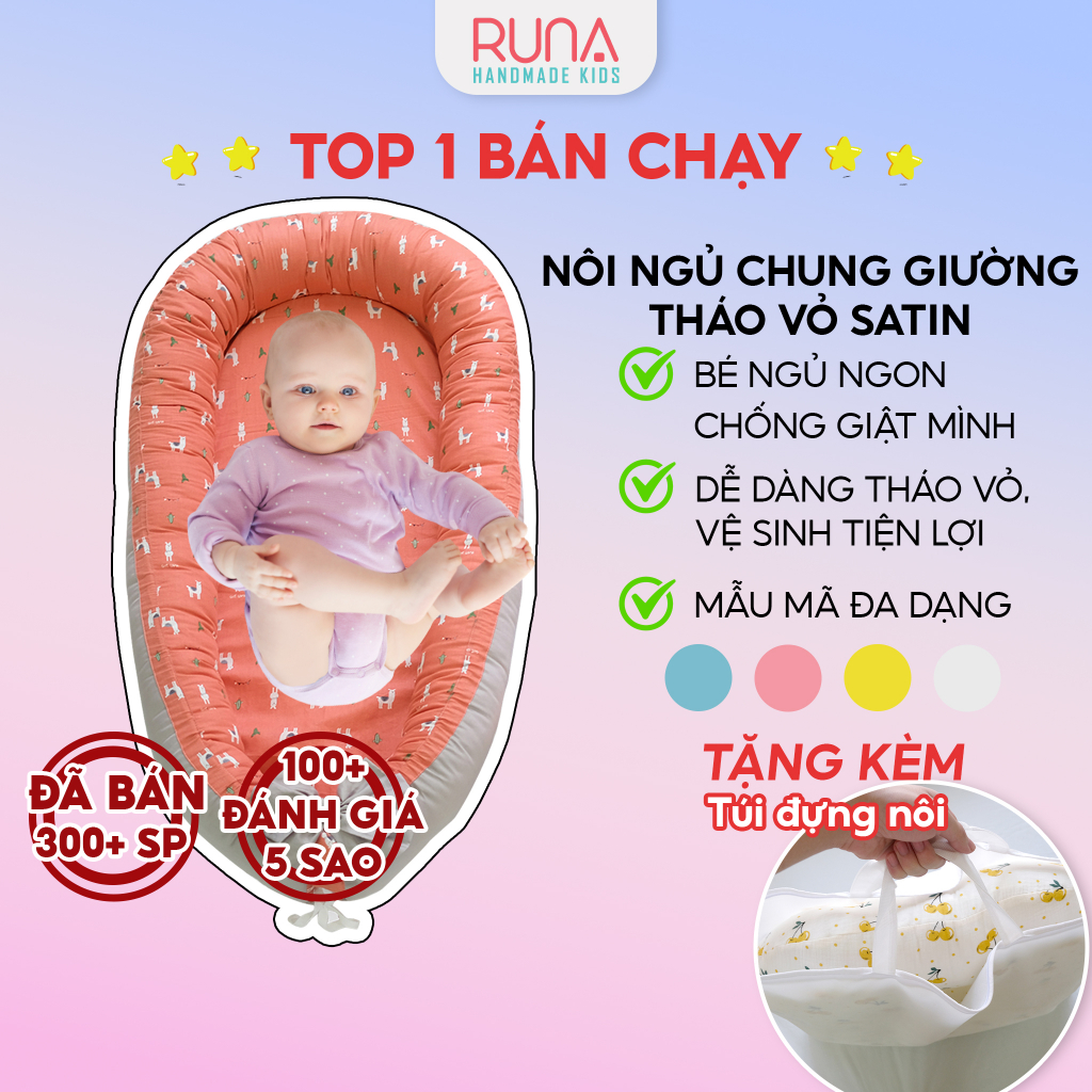 Nôi ngủ chung giường cho bé sơ sinh RUNA KIDS Satin cao cấp mềm mịn thoáng mát an toàn cho da bé 