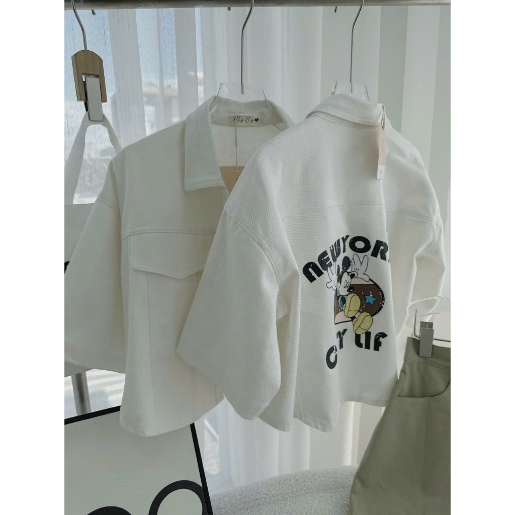 SÉT VÁY thời trang nữ mặc đi chơi chất kaki 3 món kèm lót áo sơ mi crotop in mickeyy lưng mix chân váy chữ a 1 màu