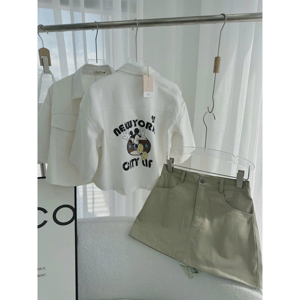 SÉT VÁY thời trang nữ mặc đi chơi chất kaki 3 món kèm lót áo sơ mi crotop in mickeyy lưng mix chân váy chữ a 1 màu