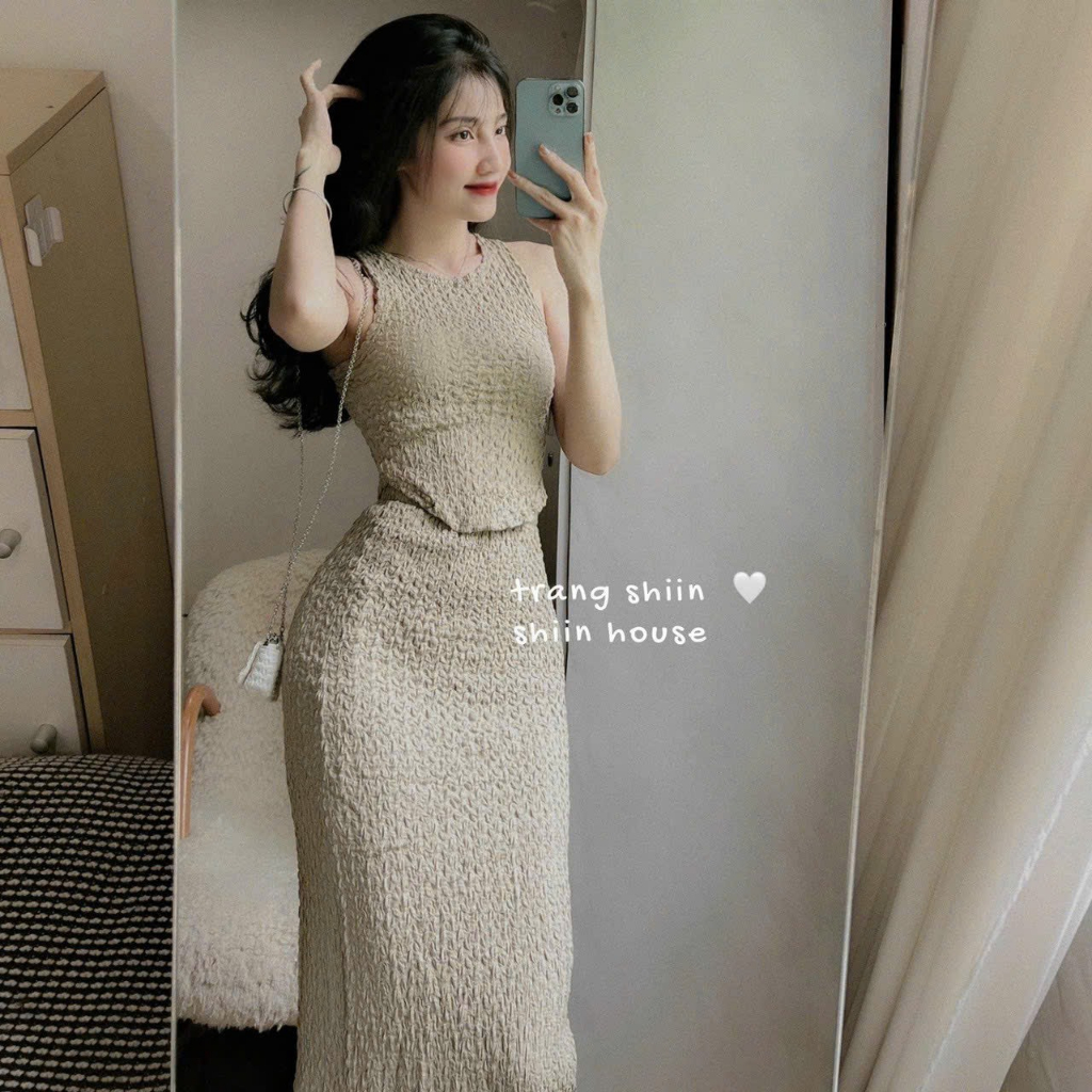 Sét váy thời trăng nữ mặc đi chơi chất xốp áo ba lỗ crotop vạc bầu lai mix chân váy dài chữ a dài maxi 1 màu nâu