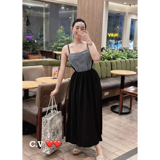 váy đầm lụa phối jeans  H094