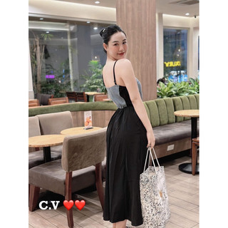 váy đầm lụa phối jeans  H094