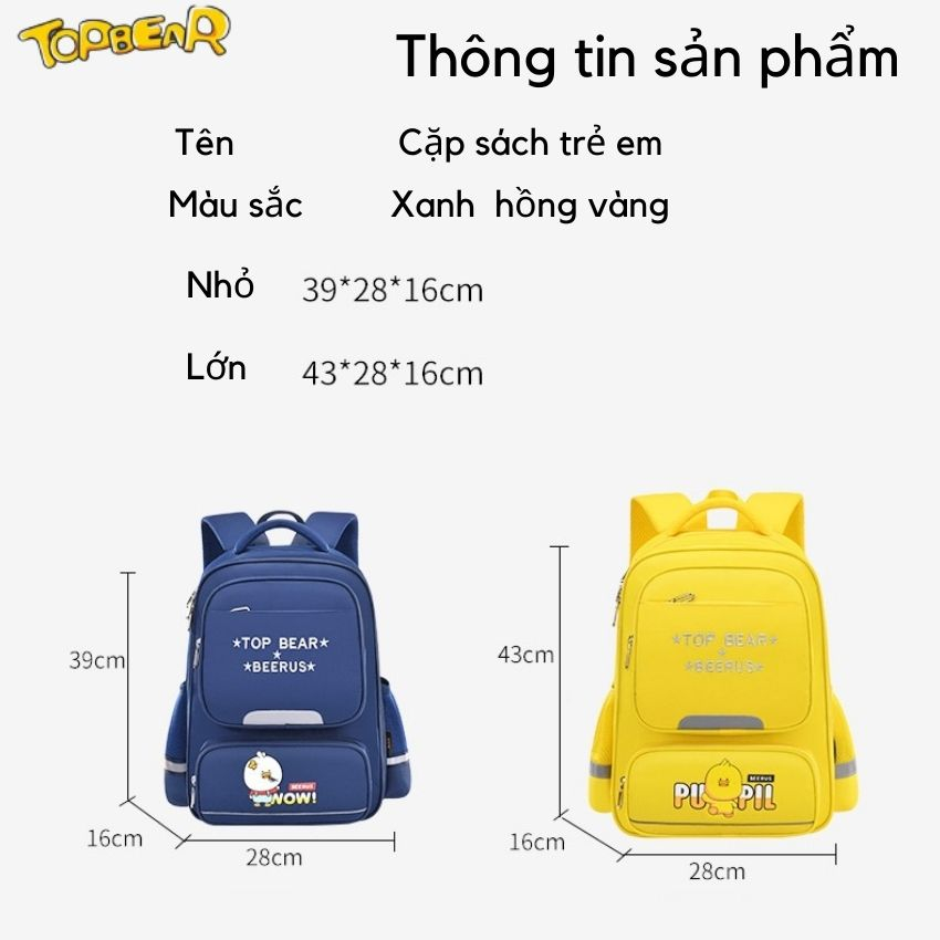 Balo chống gù TOPBEAR học sinh cấp 1, cấp 2 cho bé trai, bé gái  họa tiết thêu hình gấu T882