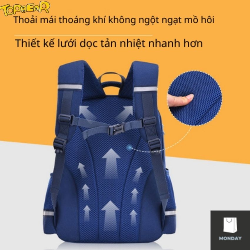 Balo chống gù TOPBEAR học sinh cấp 1, cấp 2 cho bé trai, bé gái  họa tiết thêu hình gấu T882
