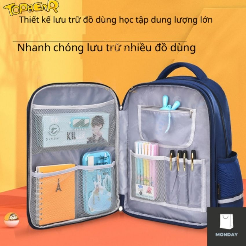 Balo chống gù TOPBEAR học sinh cấp 1, cấp 2 cho bé trai, bé gái  họa tiết thêu hình gấu T882