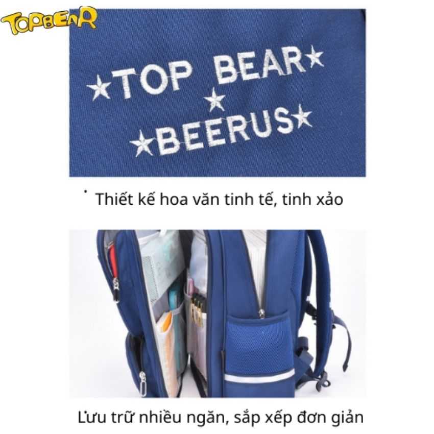 Balo chống gù TOPBEAR học sinh cấp 1, cấp 2 cho bé trai, bé gái  họa tiết thêu hình gấu T882