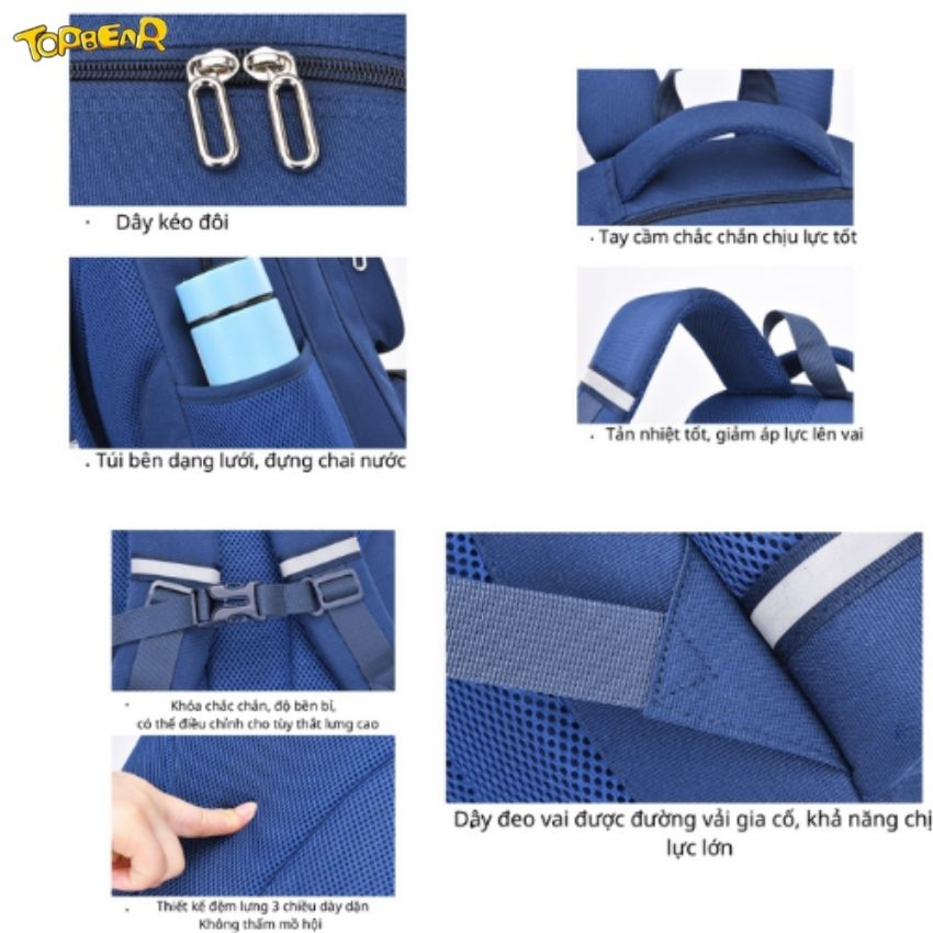 Balo chống gù TOPBEAR học sinh cấp 1, cấp 2 cho bé trai, bé gái  họa tiết thêu hình gấu T882