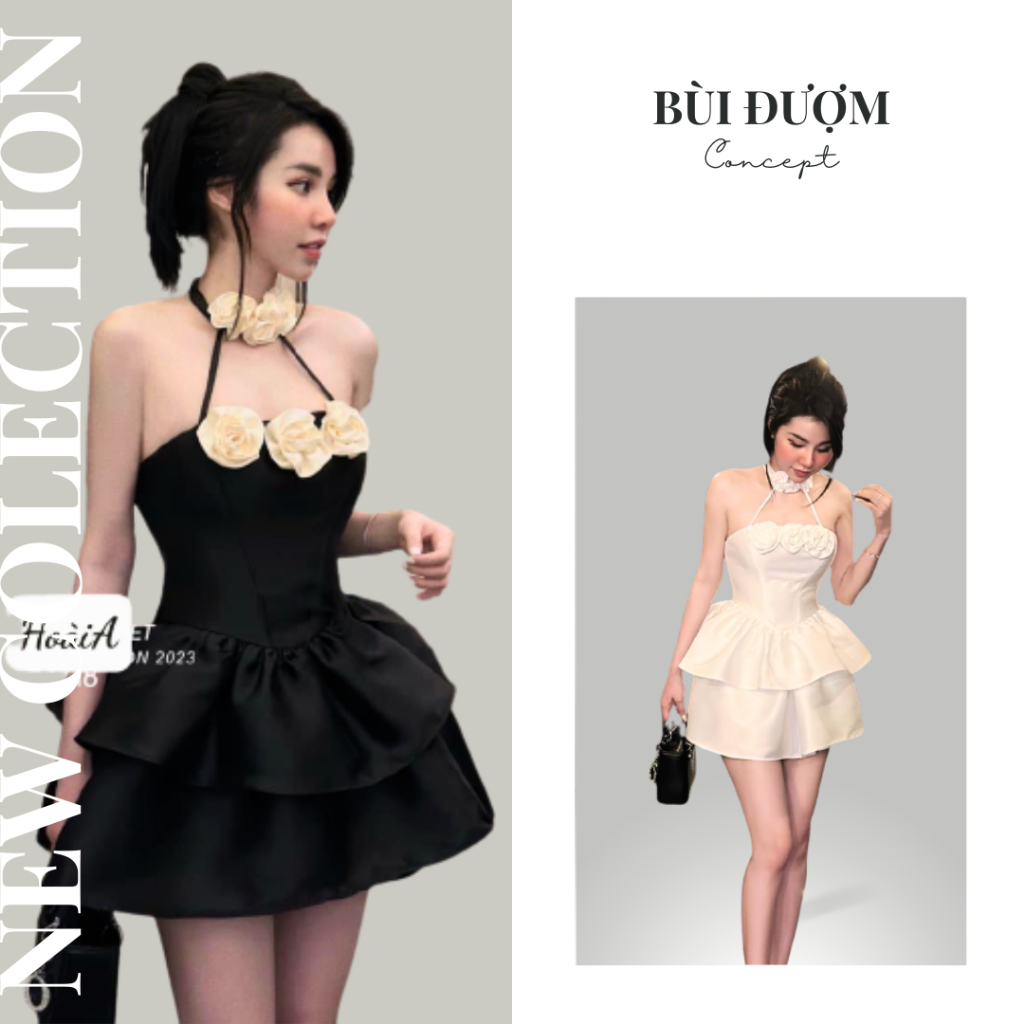 Váy Yếm Đính Hoa Ngực Cổ Dáng Ngắn Xòe 2 Tầng Chiết Eo Điệu Đà Vải Tafta Lên Form Chuẩn Bùi Đượm Concept