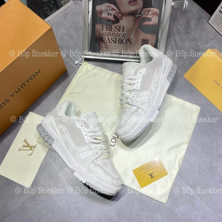 Giày thể thao nam nữ lv trainer white grey lai au lv xám trắng họa tiết