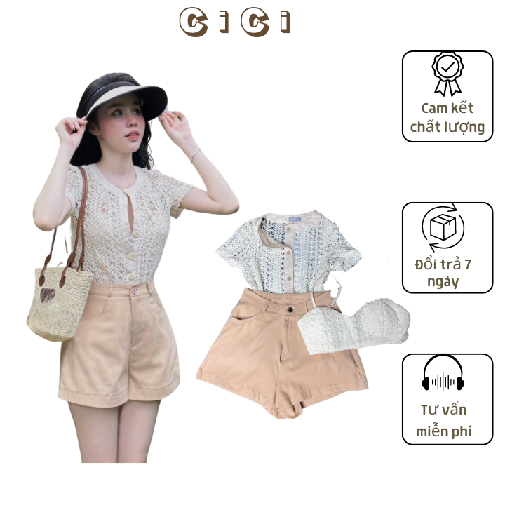 Set áo ren lưới xuyên thấu kèm áo bra mix quần short trẻ trung,set đồ nữ đi biển 3 chi tiết