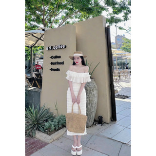 Đầm thiết kế cao cấp thời trang nữ mặc dự tiệc chất len ren y mẫu phối bèo lụa dập ly trễ vai sang chảnh váy chữ a 2 màu