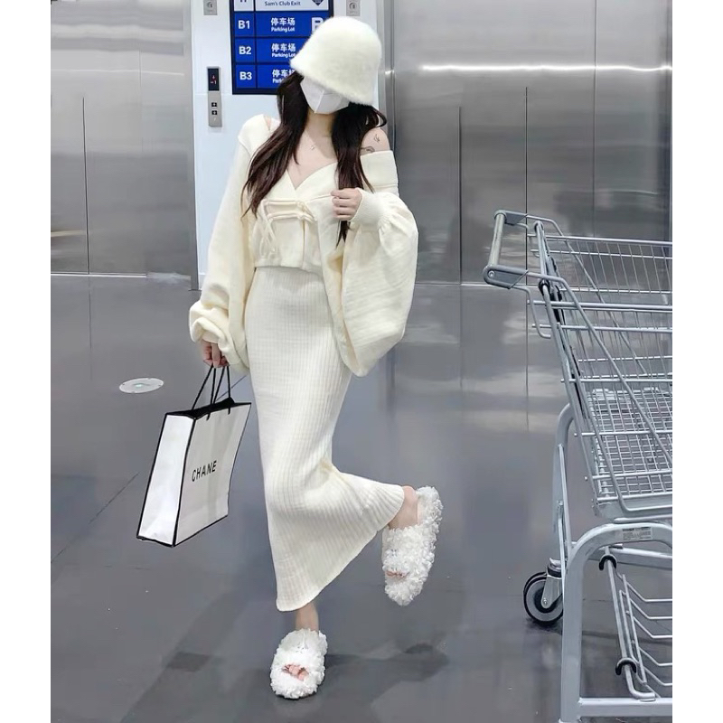 Váy hai dây dệt kim và áo khoác dệt kim tay bồng thời trang mùa đông