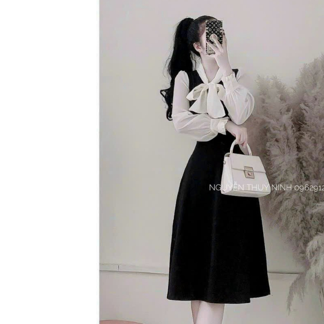 Đầm Thời Trang Nữ Dự Tiệc Chất Umi Phối Tơ Gân Cổ Tim Thắt Nơ Tay Dài Bo Viền Dáng Váy Dài Xoè Maxi Trẻ Trung