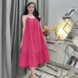 Váy ngủ 2 dây caro đầm ngủ chất đũi mặc mùa hè cotton cotton