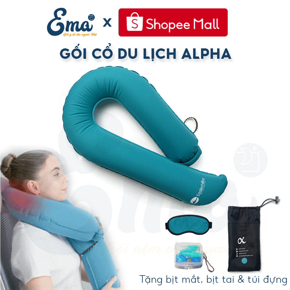 Gối kê cổ du lịch bơm hơi Alpha EMA - Tặng kèm bịt mắt, bịt tai, túi đựng, giá đỡ điện thoại