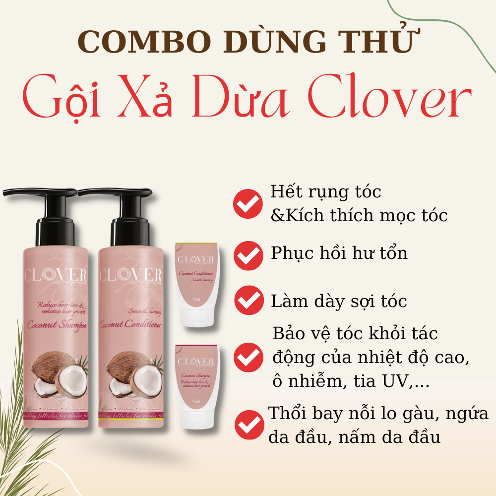 Combo dầu gội xả Dừa mọc tóc, giảm gãy rụng, giảm hư tổn, giúp tóc dày & khoẻ mạnh (1 bộ 80ml+1 bộ 15ml)